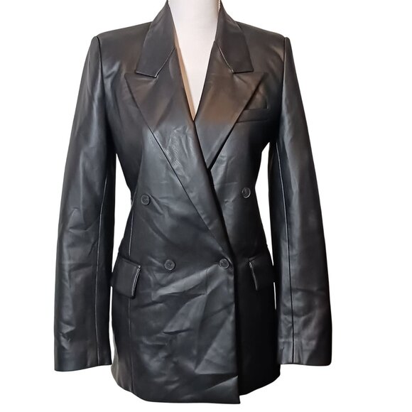 Zara Black Double Breasted Vegan Leather Fitted Blazer Jacket Sharp Lapels S - Picture 2 of 13